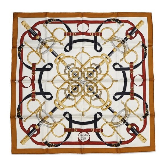 HERMES Carre EPERON D'OR Apron D'or Size 90 Silk100% Caramel/Creme - Picture 2 of 7